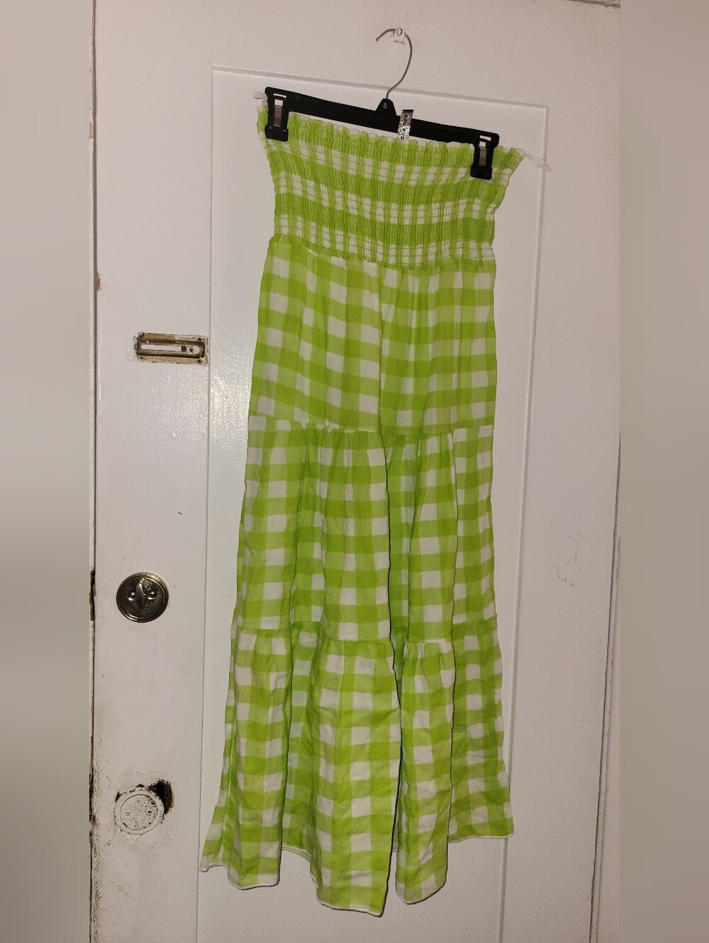 Smocked Strapless Gingham Maxi Dress - Lime Green